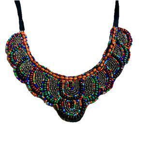 Tribal Beaded Bib Necklace Womens Multicolor Seed Beads Festival Statement Color